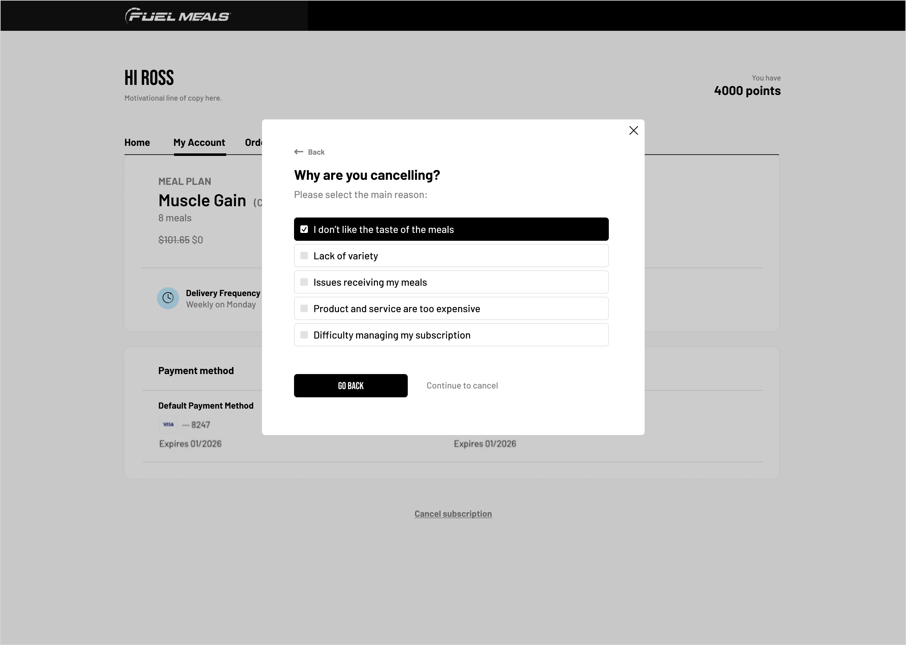 Fuel Meals cancellation flow screens